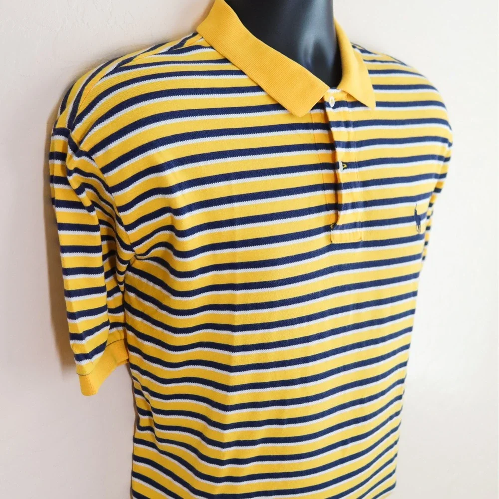 Polo Ralph Lauren Polo Shirt Mens L Yellow Navy Blue White Striped Cotton Pique - Picture 8 of 10